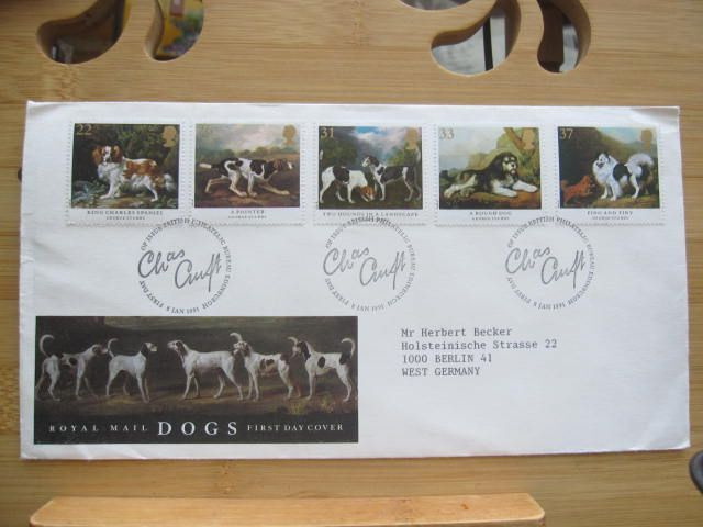 Englanti 5 koiramerkkiä Saksaan 1991 FDC?