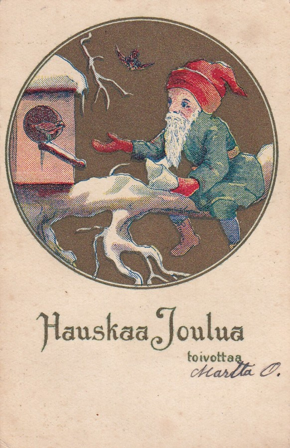 Hauskaa Joulua , Tonttu, linnut, koululaiskortti  b643