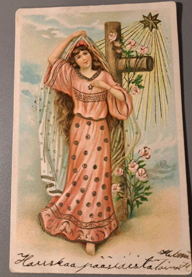 neitonen ristin juurella, kohokuvio, kulkenut 1907