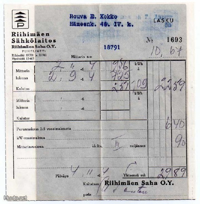 Riihimäen Sähkölaitos / VANHA SÄHKÖLASKU 1960-luvulta!
