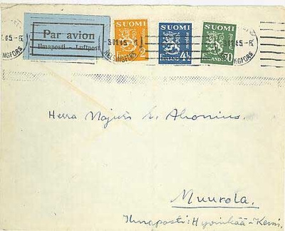 M30 1945 lentokirje Hyvinkää-Kemi 3.11. Hki