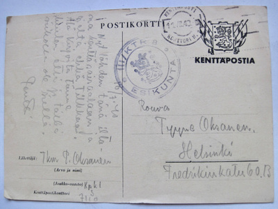 VANHA Kortti Kenttäposti II/KTR 8 Esikunta Leima 1940