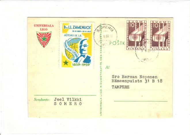 POSTIL  SOMERO ,ESPERANTOK0RTTI,+KIRJEENSULKIJA