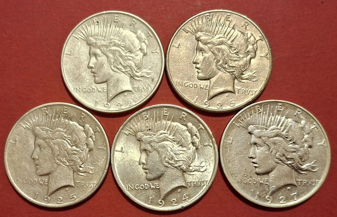 5 x USA Peace Dollar 1922, 1924, 1925, 1926, 1927.  (KD4)