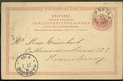 Ruotsi 1892 10 ören ehiökortti Saksaan