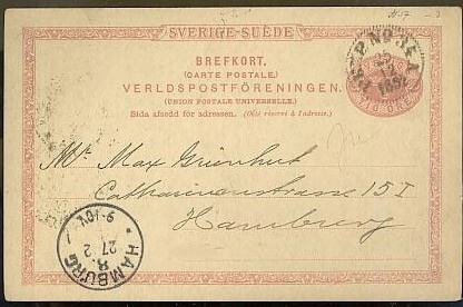 Ruotsi 1892 10 ören ehiökortti Saksaan