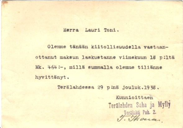 FIRMAK. TERÄLAHTI SAHA JA MYLLY