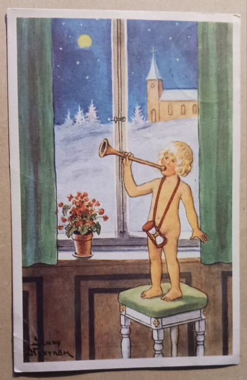 Jenny Nyström: Uuden Vuoden lapsi soittaa torvea p. 1945