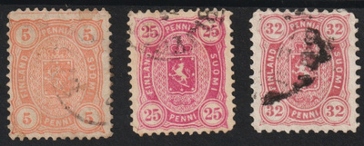 1875 5, 25 ja 32 pennin Vaakunamerkit leimattuna