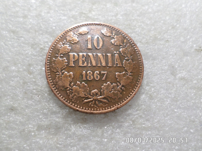 10  penniä  1867  kulkematon, tasaisesti hieman patinoitunut
