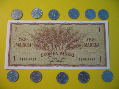11 kpl 1 markka 1952-1962 koko sarja ja 1 mk seteli 1963
