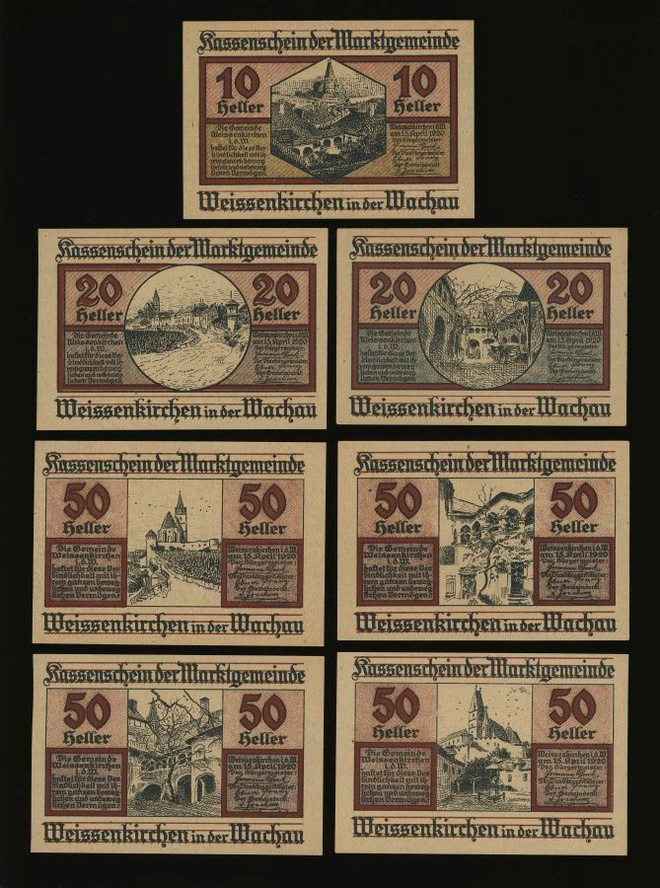 Itävalta Notgeld 10, 2x20, 4x50 Heller, Weissenkirchen