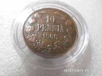 10 penniä 1908 siistikuntoinen Pillerissä.