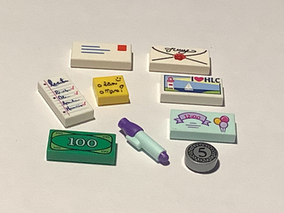 Lego Friends kirjeet, muistilaput, kynä, rahat …
