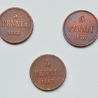 Aleksanteri II, kupariset 5 p vuosilta 1866, 1867 ja 1875. - pikkukuva 1