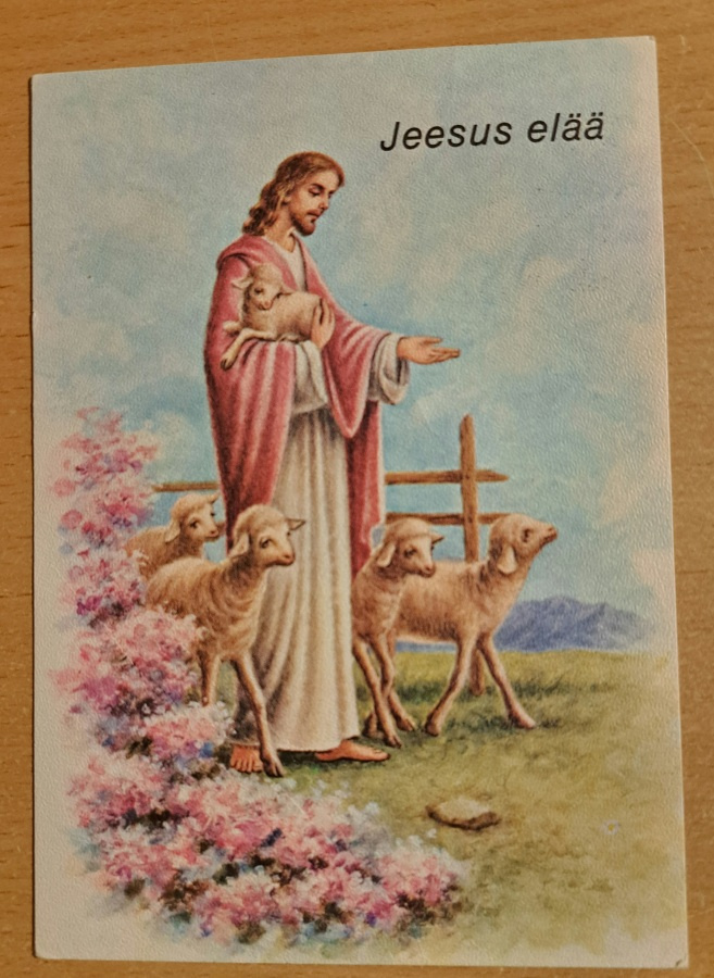 Jeesus ja karitsat, pääsiäiskortti, kulkenut 1981