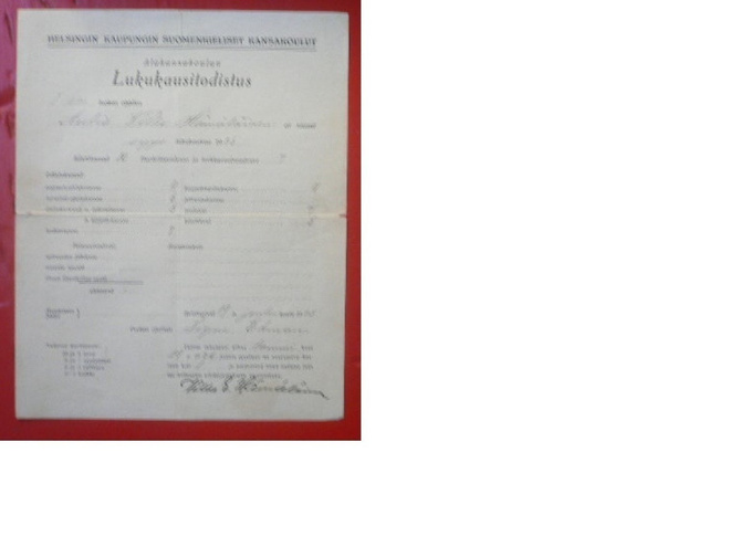 Alakansakoulun lukukausitodistus  1925