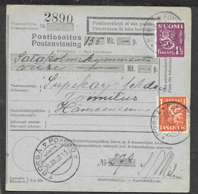 Postiosoitus - Yl.m. 1,5+1mk (LAPE 150+152) Porvoo 20.12.30