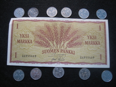 11 kpl 1 markkaa 1952-1962 koko sarja ja 1 mk seteli 1963