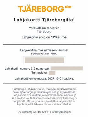 Tjäreborgin lahjakortti 120 € – voimassa 1.10.2027 asti