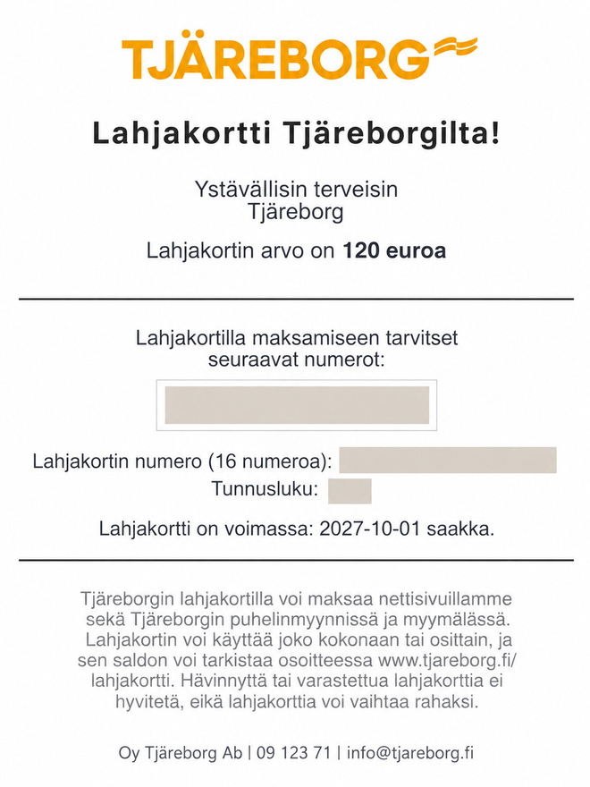 Tjäreborgin lahjakortti 120 € – voimassa 1.10.2027 asti