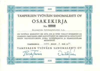 OKK 1971 Tampereen Työväen Sanomalehti Oy, Tampere osakekirj
