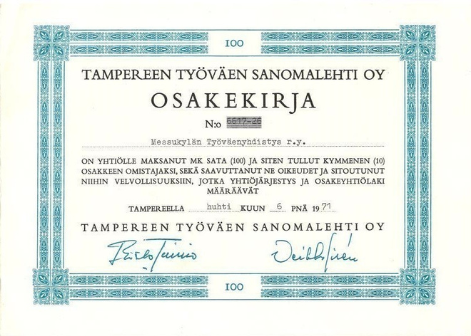 OKK 1971 Tampereen Työväen Sanomalehti Oy, Tampere osakekirj