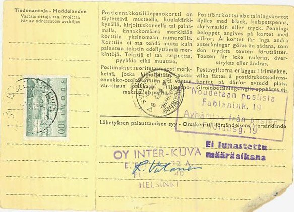 M54 1958 100(mk) Hgin kauppatori postiennakkpaketin palautus