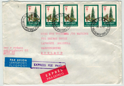 1967 tub 40p 5 kpl pika-lento-kirje Englantiin