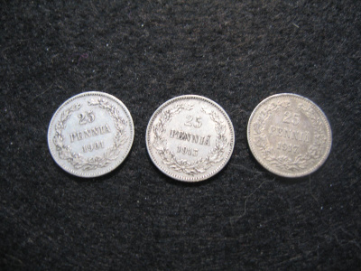 3 kpl 25p 1901, 1913 & 1917 - hopeaa