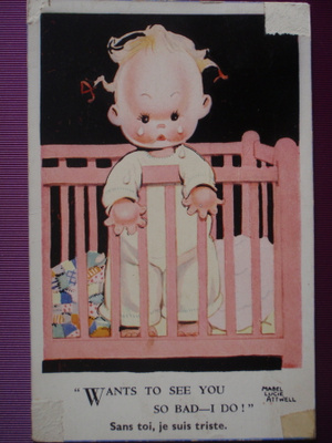 Mabel Lucie Attwell lapsi pinnasängyssä kaipaa ystävää VANHA