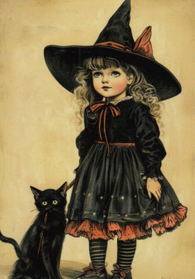 Halloween tyttö, musta mekko, musta kissa