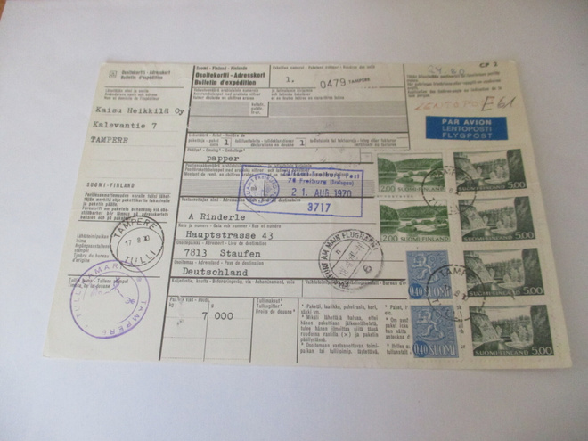 1970 Tampere lentopakettikortti Saksaan