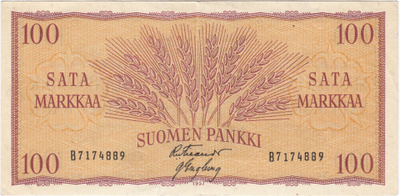 100 Markkaa 1957 B-sarjaa, kl.6