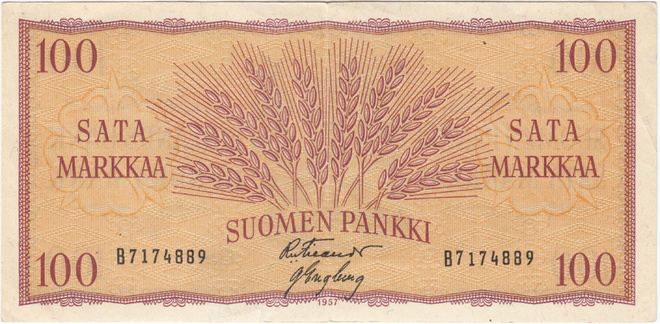 100 Markkaa 1957 B-sarjaa, kl.6