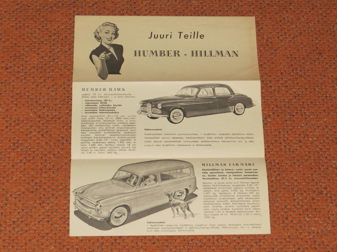 1955 Hillman / Humber esite - suomalainen - KUIN UUSI