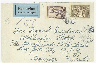 1930 25mk puunhakkaaja ym lentokirje USAhan 1946