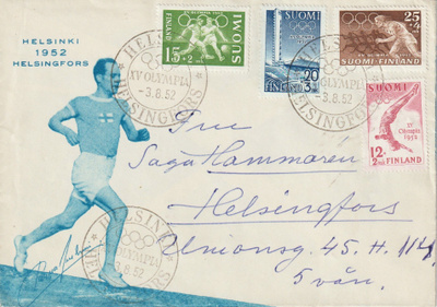 1952 Olympia merkit Olympia-aiheisessa kirjeessä leimattuna.