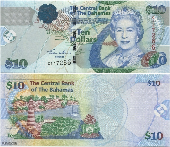 Bahamas 10 Dollars 2005 (P-73) UNC QEII harvinaisempi