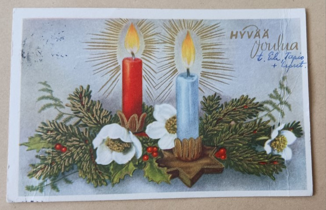 Kynttilät, kukkia, havuja, kultaa, p. 1952