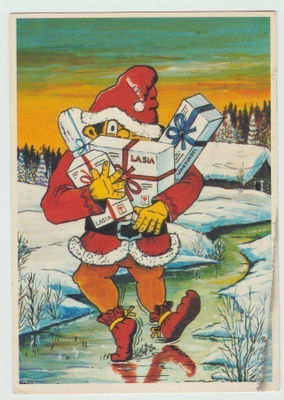 Tonttu liukkaalla tiellä paketteineen (T)