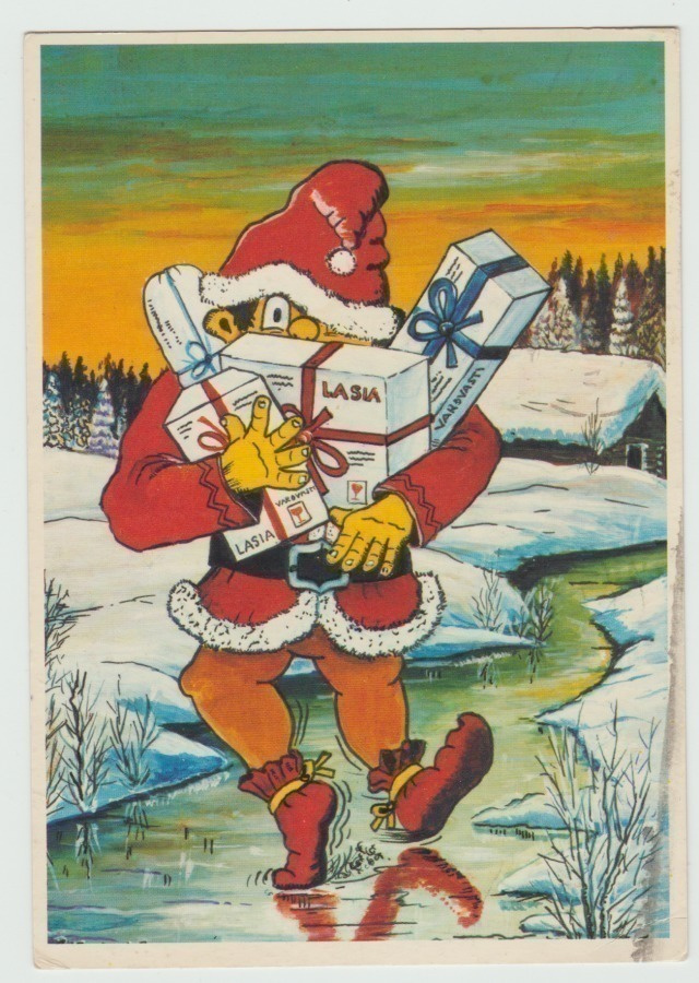 Tonttu liukkaalla tiellä paketteineen  (T)