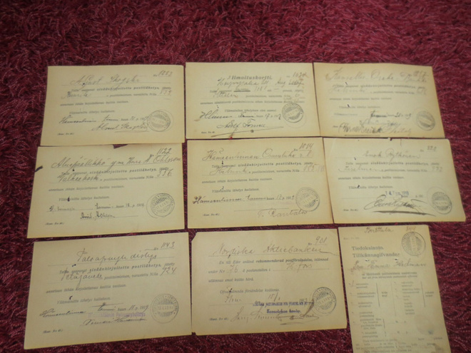 Dokumentteja Postilähetyksien saapumisesta v.1919  Hämeenlin
