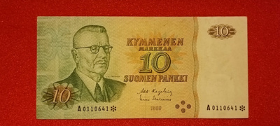 Korvaava eli tähtiseteli 10 markkaa 1980 A sarjaa