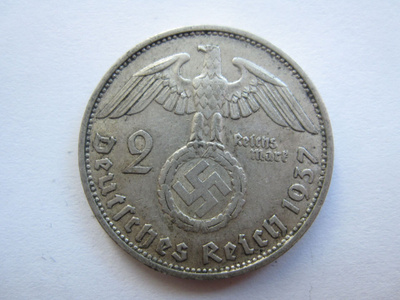 Natsi-Saksa 2 Reichsmark 1937 F Hindenburg hopeaa