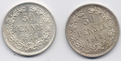 1914 50 penniä tyyppi 1.2 kl9 ja tyyppi 1.1 kl8