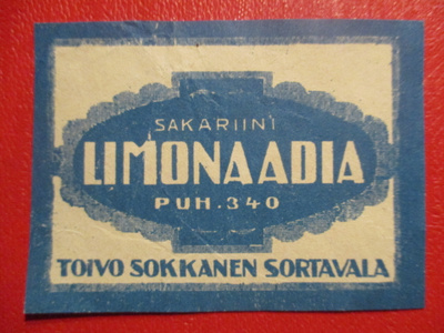 VANHA JUOMAETIKETTI - SORTAVALA TOIVO SOKKANEN LIM. (W-S13)