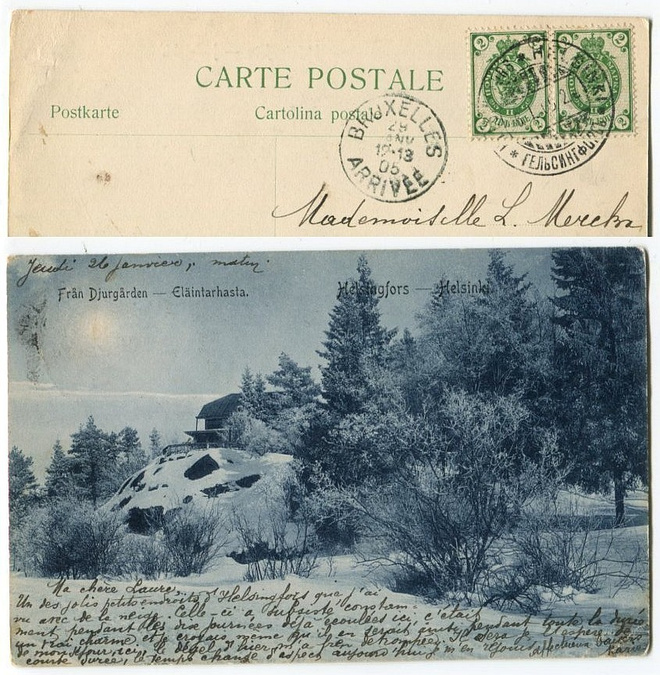 Helsinki Eläintarhasta, talvinäkymä, kuutamo, kulkenut 1905