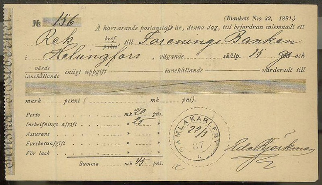 Gamla Karleby 2-renk. postiinjättökuitti 1887