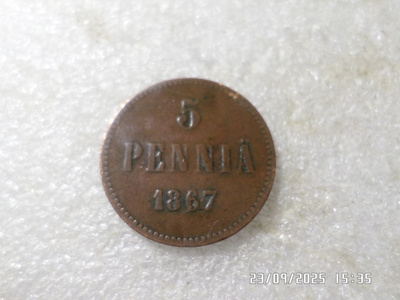 5 penniä 1867 siistikuntoinen kl 8